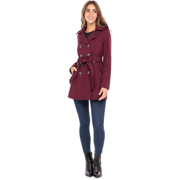 💫 Women Red Shell Trench Coat Soft Comfortable Button-Off Warm Detachable Hood - Picture 2 of 6